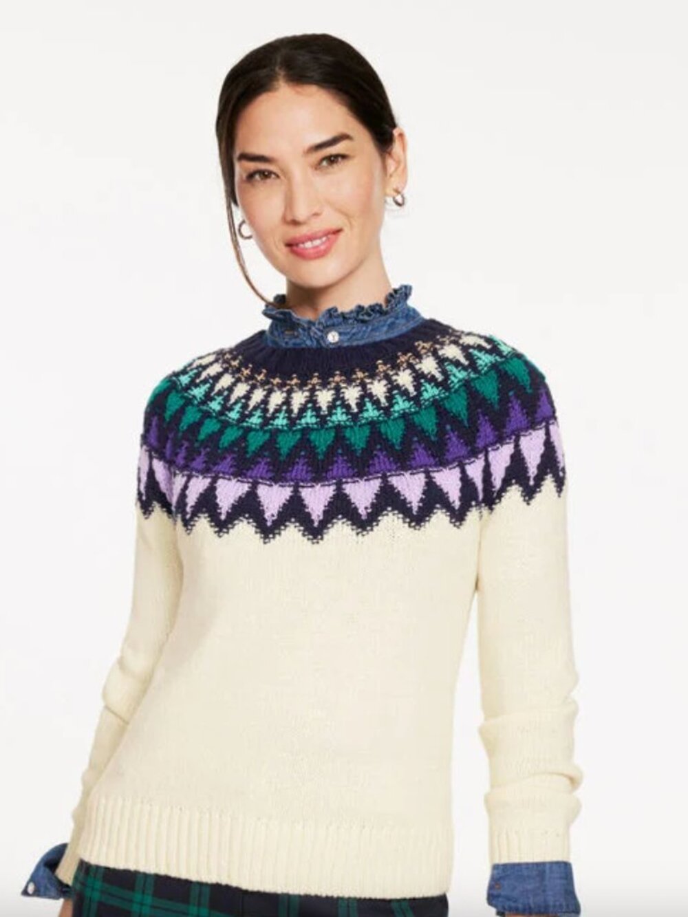 Talbots Textured Fair Isle Yoke Sweater Ivory Medium EUC Holiday Cotton Blend
